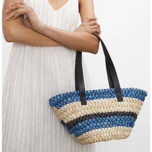 Club Monaco Striped Straw Tote Blue Navy Natural Brand New
